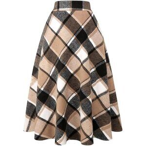 Womens Brown Elastic Waist A-Line Pleated Tartan Long Plaid Wool Skirts
